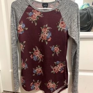 Long Sleeve Maroon and Gray Floral T-Shirt